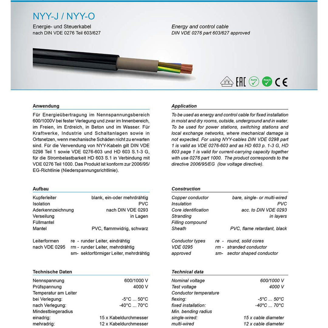 M&amp;G Techno 50m NYY-J 3x1,5 mm² Erdkabel Elektro Strom Kabel Kupfer eindrähtig Made in Germany, Schwa