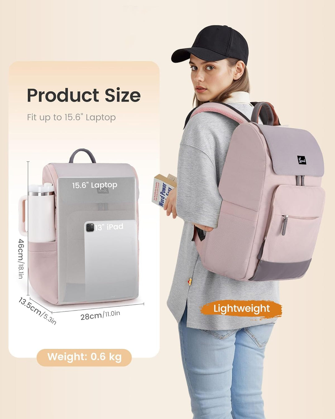 LOVEVOOK Rucksack Damen, 15,6 Zoll Laptop Schulrucksack Teenager Rosa Grau 15.6", Rosa Grau 15.6"