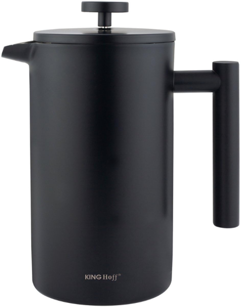 KINGHoff French Press 1 Liter, Mattschwarz, Doppelwandiger Edelstahl, Feinmaschiger Edelstahlfilter,