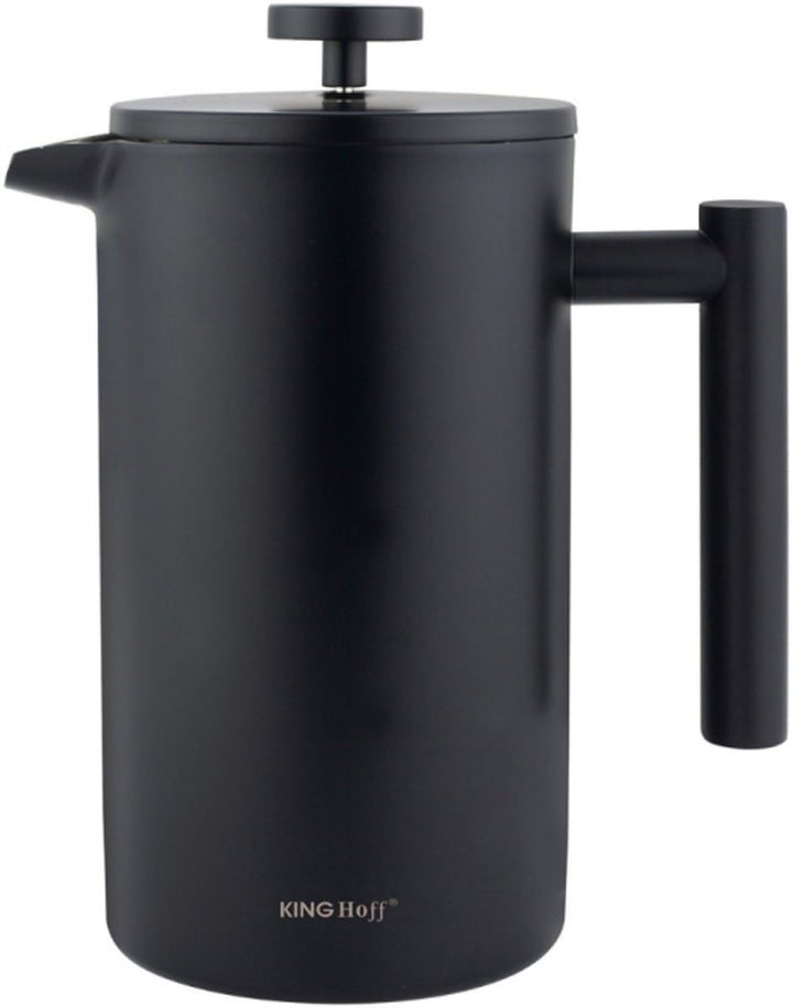 KINGHoff French Press 1 Liter, Mattschwarz, Doppelwandiger Edelstahl, Feinmaschiger Edelstahlfilter,