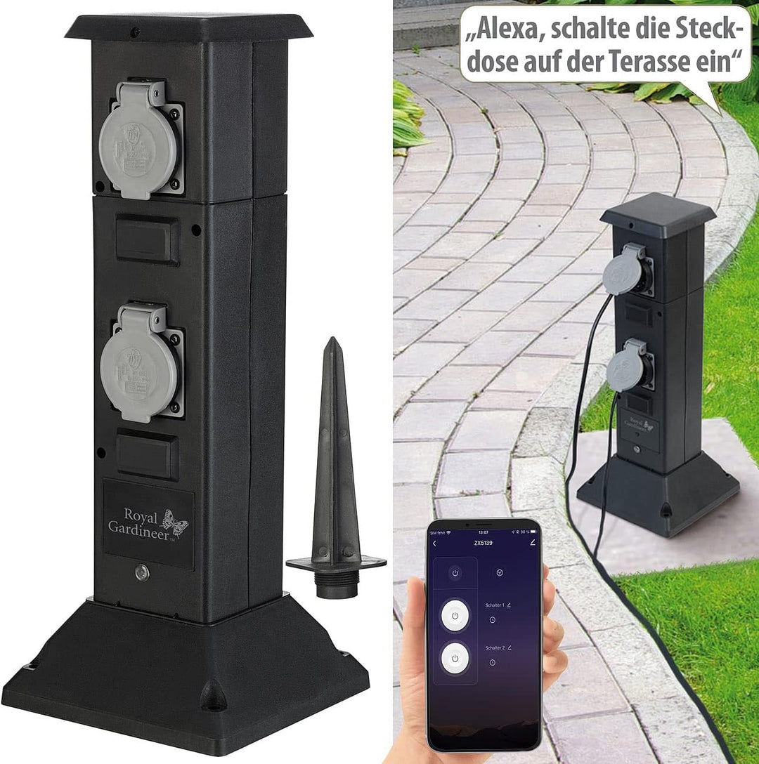 Royal Gardineer Stromverteiler Garten: 4-fach-WLAN-Outdoor-Steckdosen-Säule, App, Sprachsteuerung, 1
