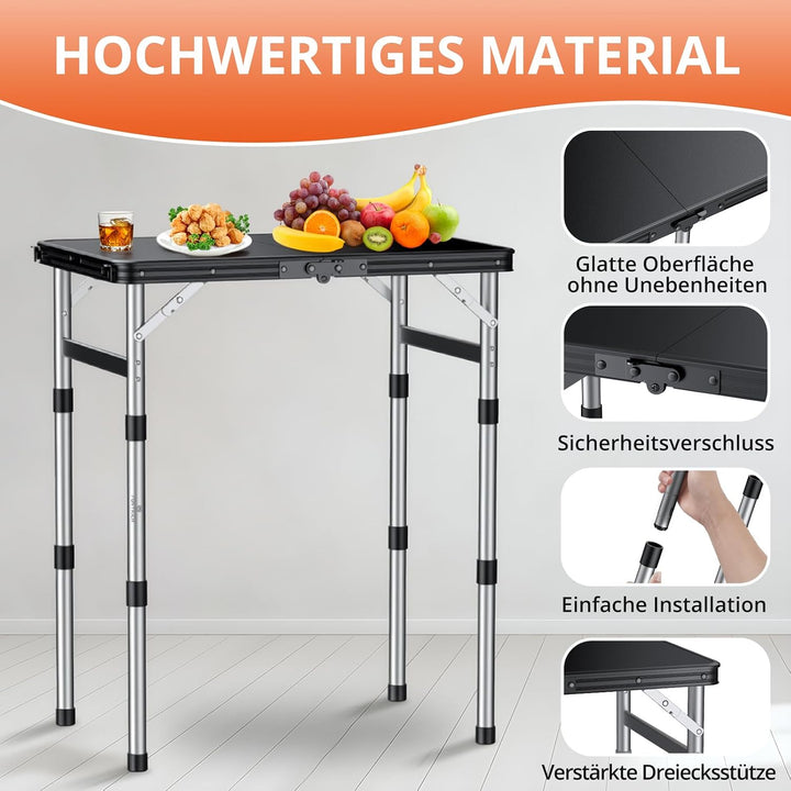 FUNYKICH Campingtisch Klappbar 58x40cm, Höhenverstellbar 26/48/70cm Silber | Wasserdichter Kunststof