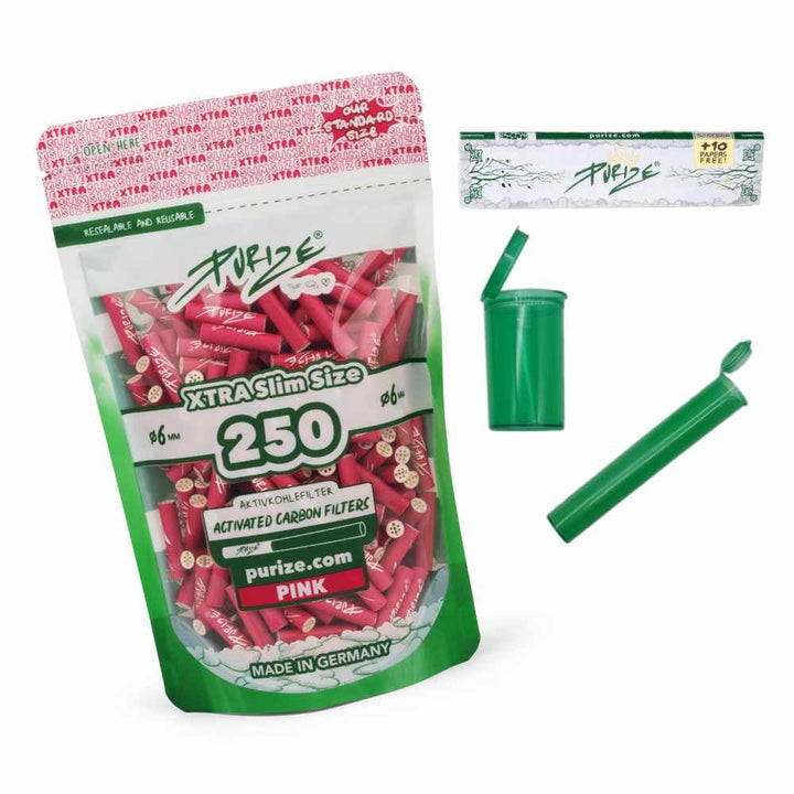 PURIZE 250 Stück Xtra Slim Size 6mm (5,9mm) Aktivkohlefilter mit 2 Keramikkappen inkl. Joint Tube, P