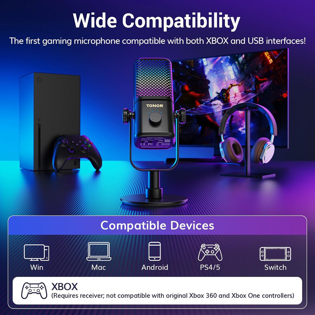 TONOR Gaming Mikrofon Kabellos, Kompatibel mit Xbox & Capture Karten, Xbox mikrofon mit RGB/Überwach