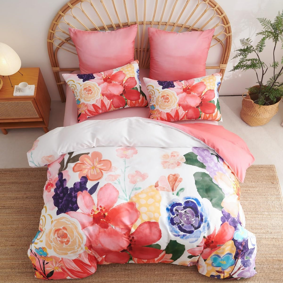 Lanqinglv Bettwäsche 155x220 Rot Bunt Blumenmuster Wende Bettwäsche Set Bohemian Boho Stil,Bettbezug