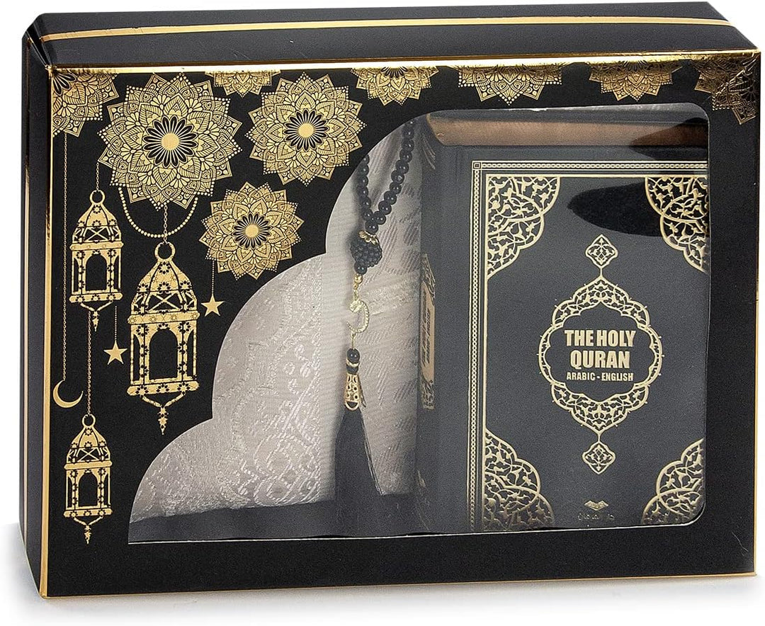 ihvan online Prayer Gift Box for Hajj and Umrah, Quran with English Translation, Prayer Rug, Beads,