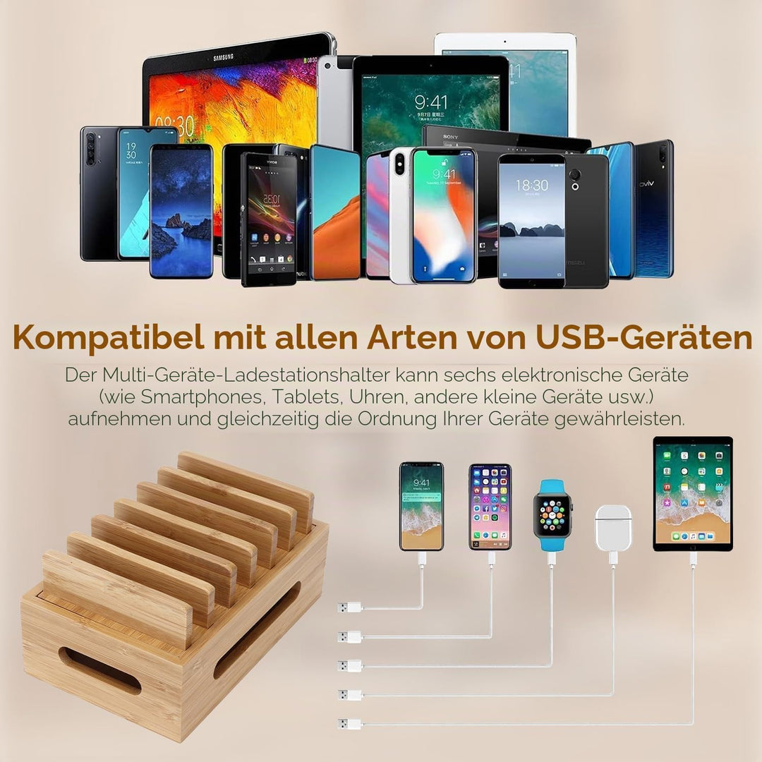 Holz Ladestation für Mehrere Geräte, 6 Fächer Desktop Handy Docking Holder USB Multi Charger Organiz