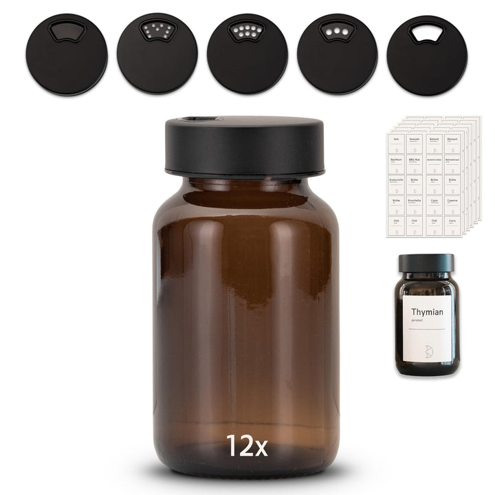 12 Stück Gewürzgläser – Premium Gewürzglas aus Braunglas | Gewürzstreuer Set | Gewürzdosen mit Decke