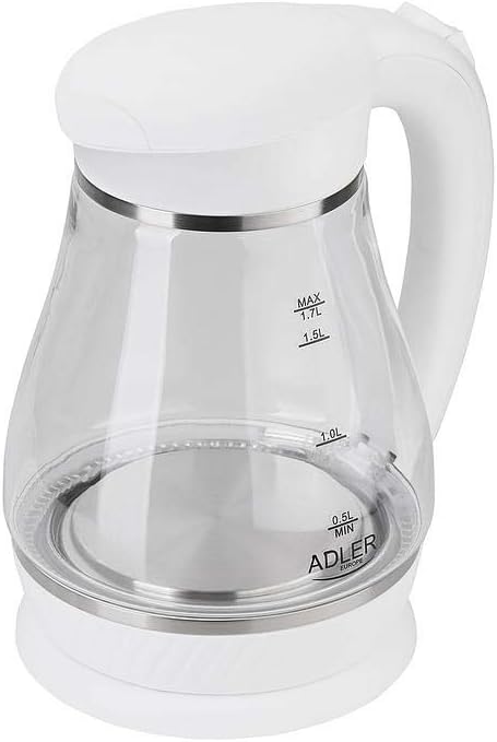 ADLER-Glas-Wasserkocher 1,7 l, kabellose Basis, 2200 W Leistung, weisser Single, Single