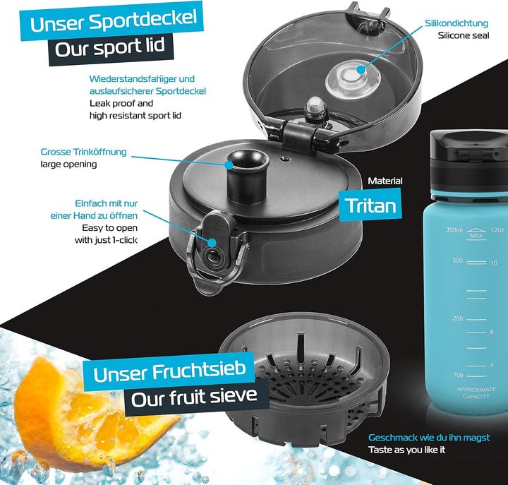 Trinkflasche 350ml I 650ml I 1L I 1,5L für Sport, Outdoor, Schule, Fitness &amp; Kinder - Wasserflasche
