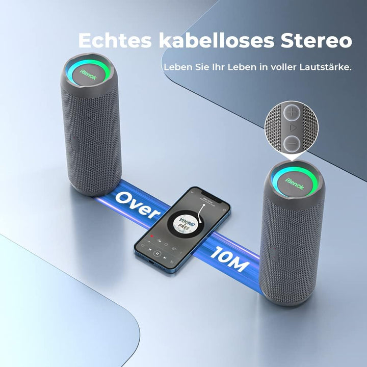 RIENOK Bluetooth Lautsprecher mit Licht Bluetooth 5.3 Musikbox Bass Kabellos Box mit IPX7 wasserdich