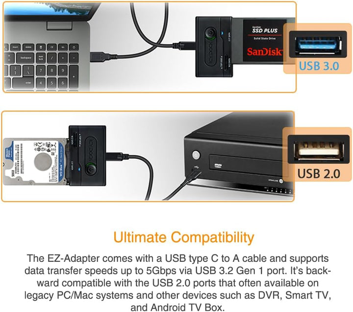 ICY DOCK EZ-Adapter MB031U-1SMB - Externer USB 3.2 Gen1 5Gbit/s Adapter für 2,5 Zoll HDD/SSD oder M.