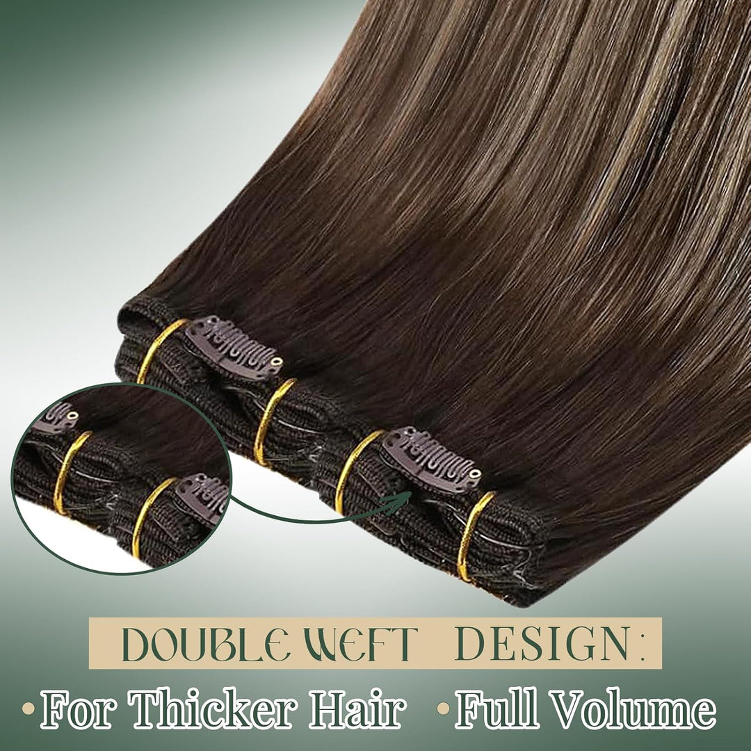 Ugeat Clip in Extensions Echthaar Aschblond 45 cm Balayage Dunkelbraun Glatt Echthaar Clip in Extens