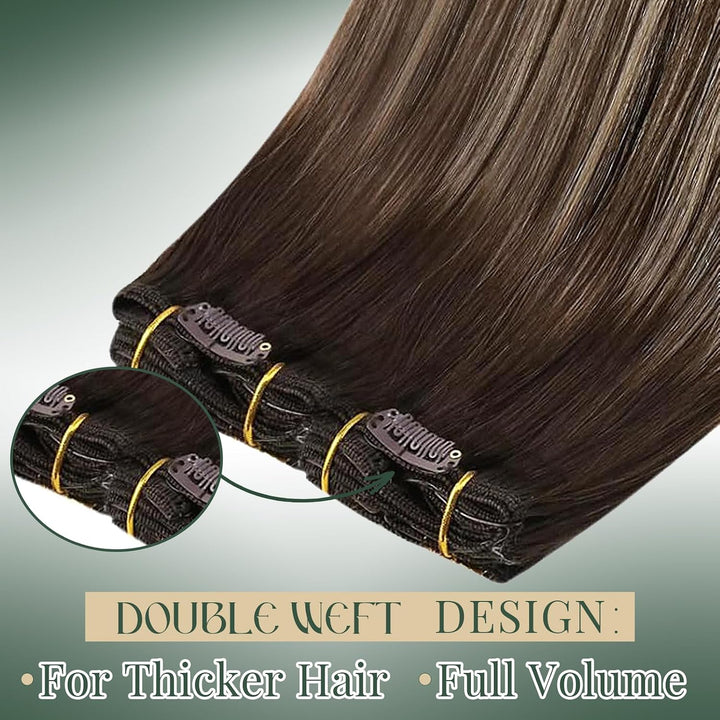 Ugeat Clip in Extensions Echthaar Aschblond 45 cm Balayage Dunkelbraun Glatt Echthaar Clip in Extens