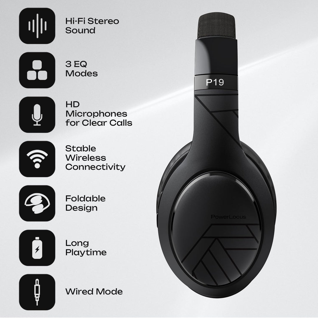 PowerLocus P19 Bluetooth Over Ear Kopfhörer, Kabellose Kopfhörer mit Mikrofon, 70std. Spielzeit, Hi-