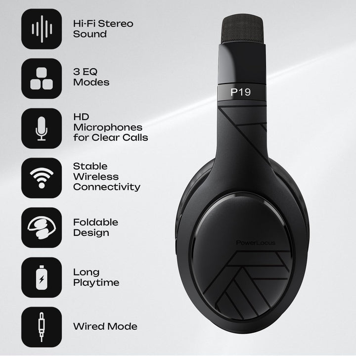 PowerLocus P19 Bluetooth Over Ear Kopfhörer, Kabellose Kopfhörer mit Mikrofon, 70std. Spielzeit, Hi-