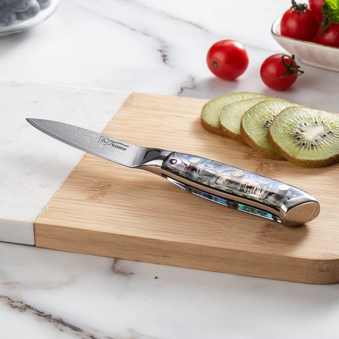 Tsume Schälmesser Abalone, Klingenlänge 9cm, Echtes Damast Küchenmesser mit Perlmuttplatten, 67 Schi