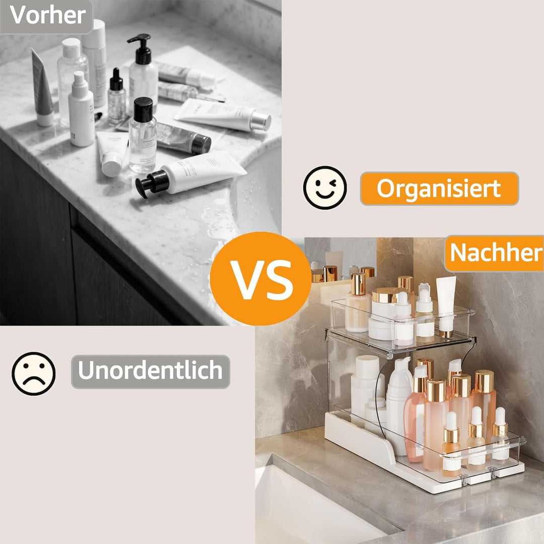 2er Set Badablage Organizer mit Schubladen, 2-stufig drehbar, transparenter Badezimmer Organizer für