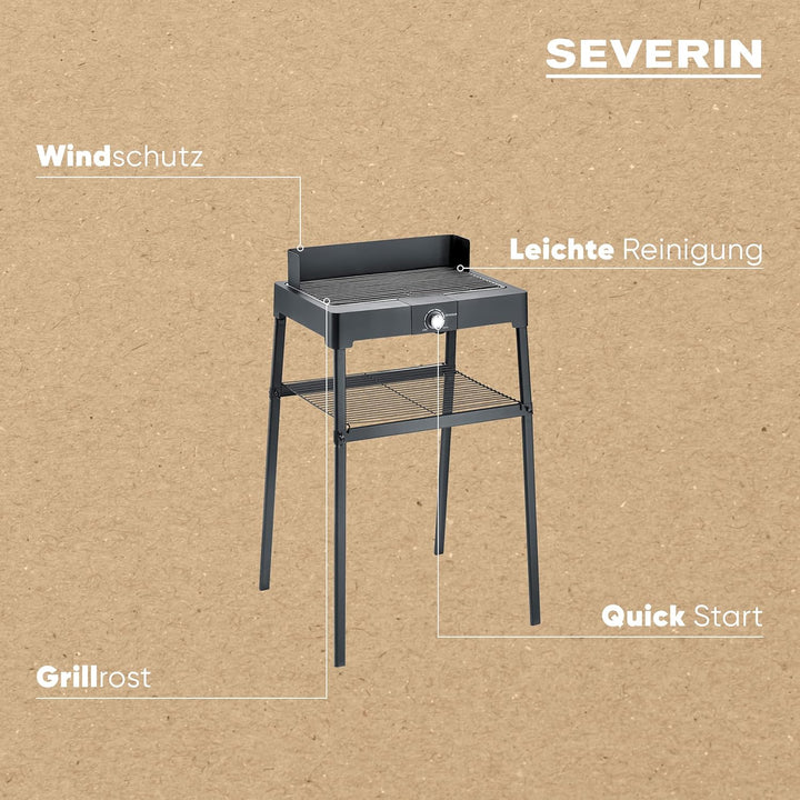 SEVERIN Standgrill mit Edelstahl-Grillrost und Standuntergestell und Ablagerost, Elektrogrill mit sc