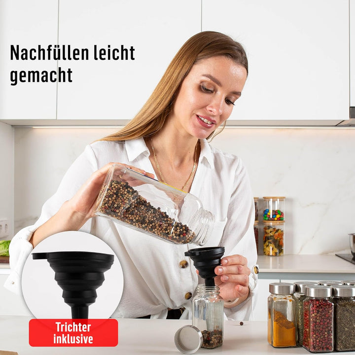 Deco Haus® Gewürzgläser eckig mit Holzdeckel 36er Set [+ Etiketten &amp; Streueinsatz] - Gewürzdosen Set