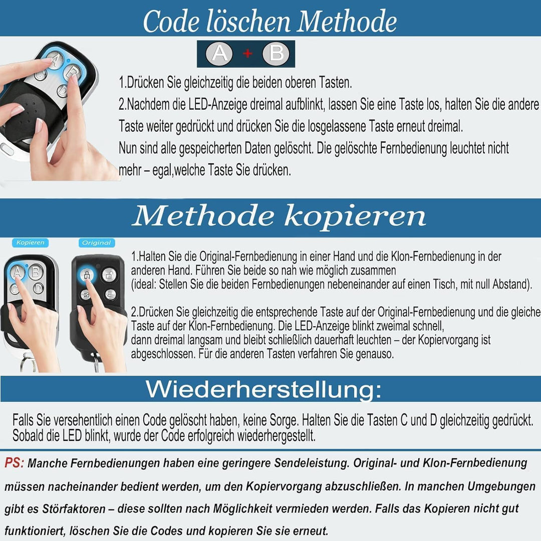 433 MHz Fernbedienung Klonen 12V,Fernbedienung garagentor,Handsender kompatibel mit Marantec für Sch