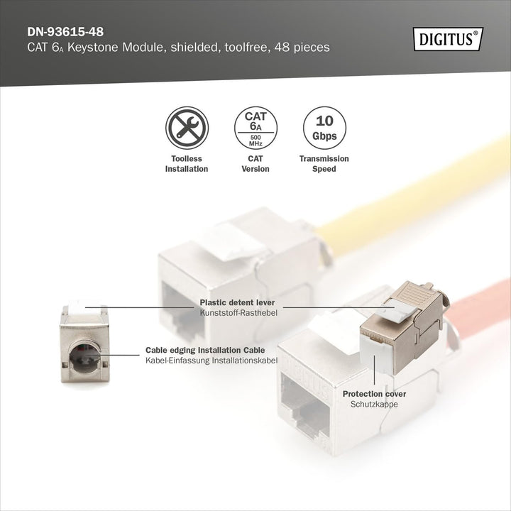 DIGITUS Keystone-Modul Cat-6A Geschirmt - 48 Stück - RJ45-Buchse - 500 MHz 10GBase-T - AWG 26-22 - W