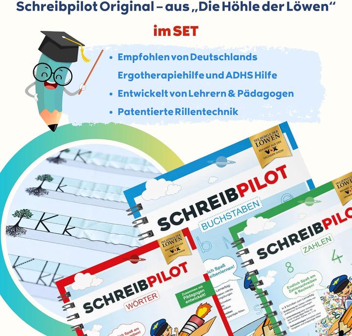 SCHREIBPILOT 3er Set Schreiblernhefte für ABC-Schützen mit vorgeprägten Buchstaben, Zahlen und Wörte