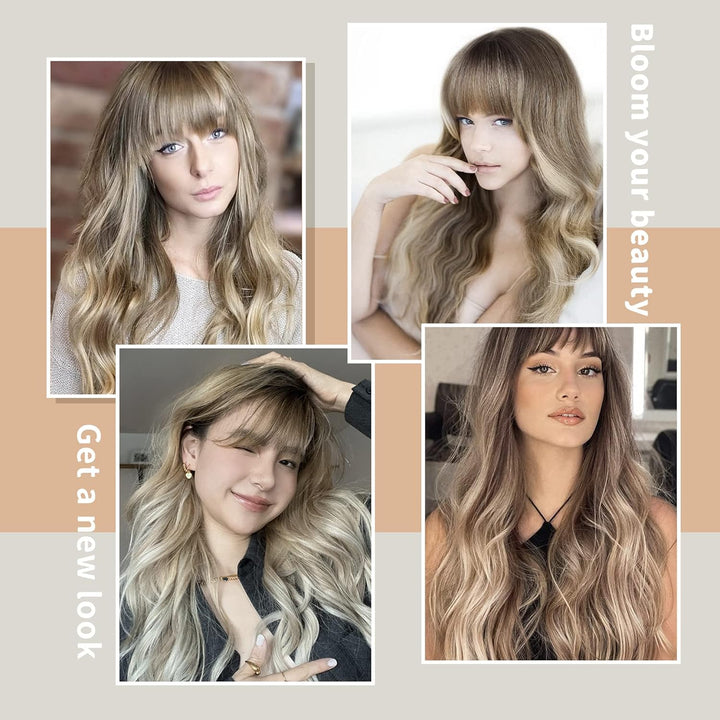 FAELBATY Perücke mit langen Locken blonde Perücke mit Pony Ombre dunkelbraun bis blonde Perücke für