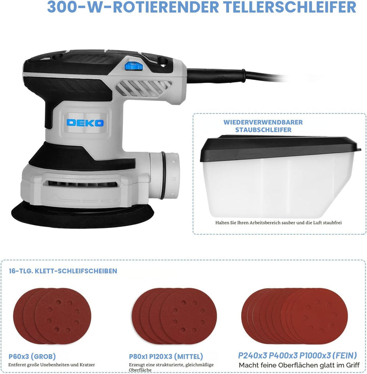Exzenterschleifer 125mm mit Absaug 300W: DEKOPRO Schleifmaschine für Holz mit 16 Schleifpapieren,6 G