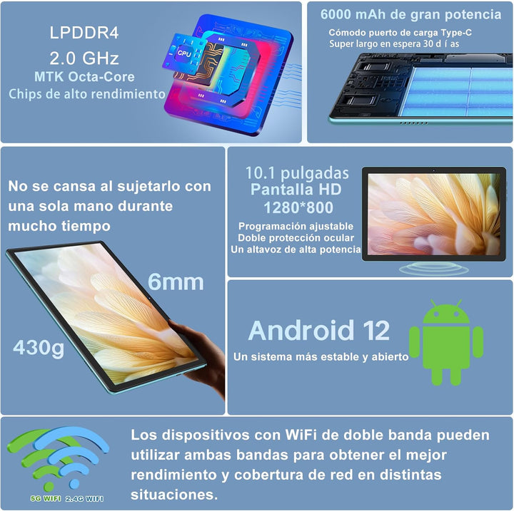 DMOAO Tablet 10 Zoll Android mit 5G WLAN, 8GB RAM + 64GB ROM(TF 1TB), Octa-Core 2.0 GHz, BT 5.0, Fac