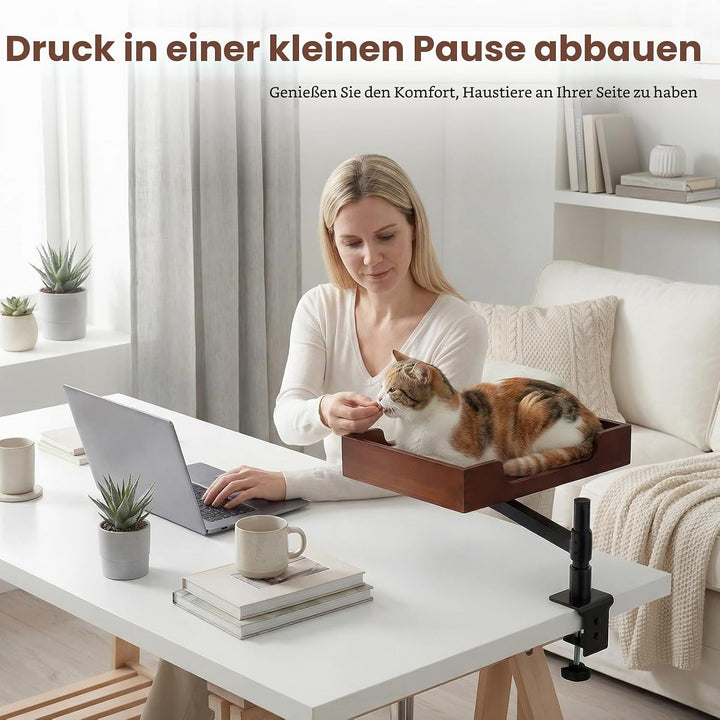 Katzen-Schreibtischbett mit Bambusfuss und Plüschbettwäsche.Stabile und robuste Klemme,höhenverstell