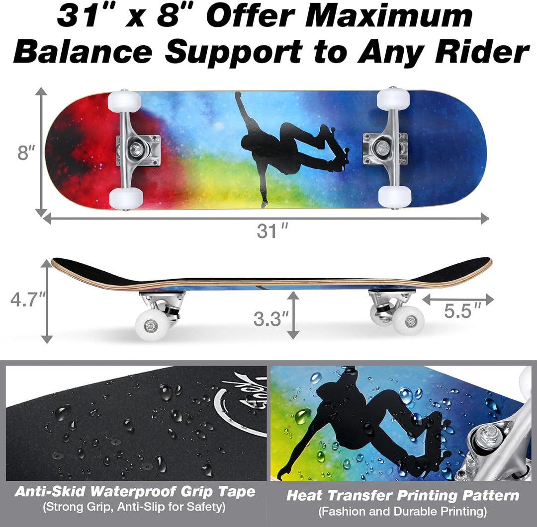 BELEEV Skateboard 31x8 Zoll Komplette Cruiser Skateboard für Kinder Jugendliche Erwachsene, 7-Lagige
