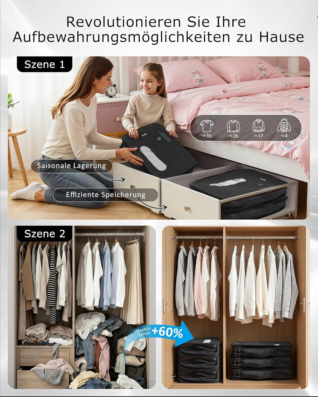 COOLIFE Vakuumbeutel*2 für Kleidung Reise, Abnehmbar Wiederverwendbare Kompressionsbeutel für Koffer