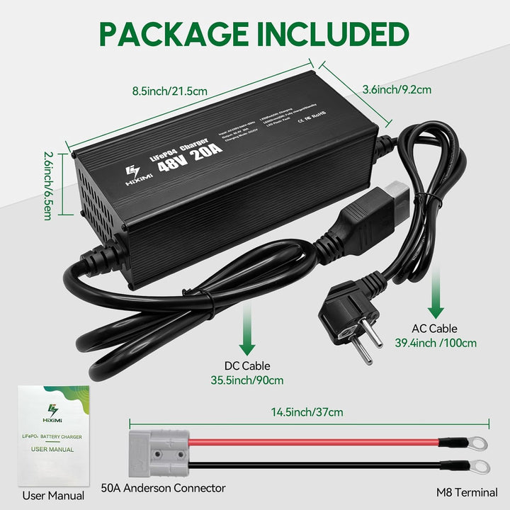48V 20A LiFePO4-Ladegerät, 58,4V Lithium-Eisen-Phosphat-Ladegerät, Aluminiumgehäuse mit 50A Anderson