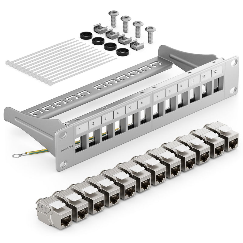 deleyCON 12 Port CAT7 Patchpanel Set Patchfeld Verteilerfeld Modular 1 HE 10" Zoll Rackeinbau + 12x