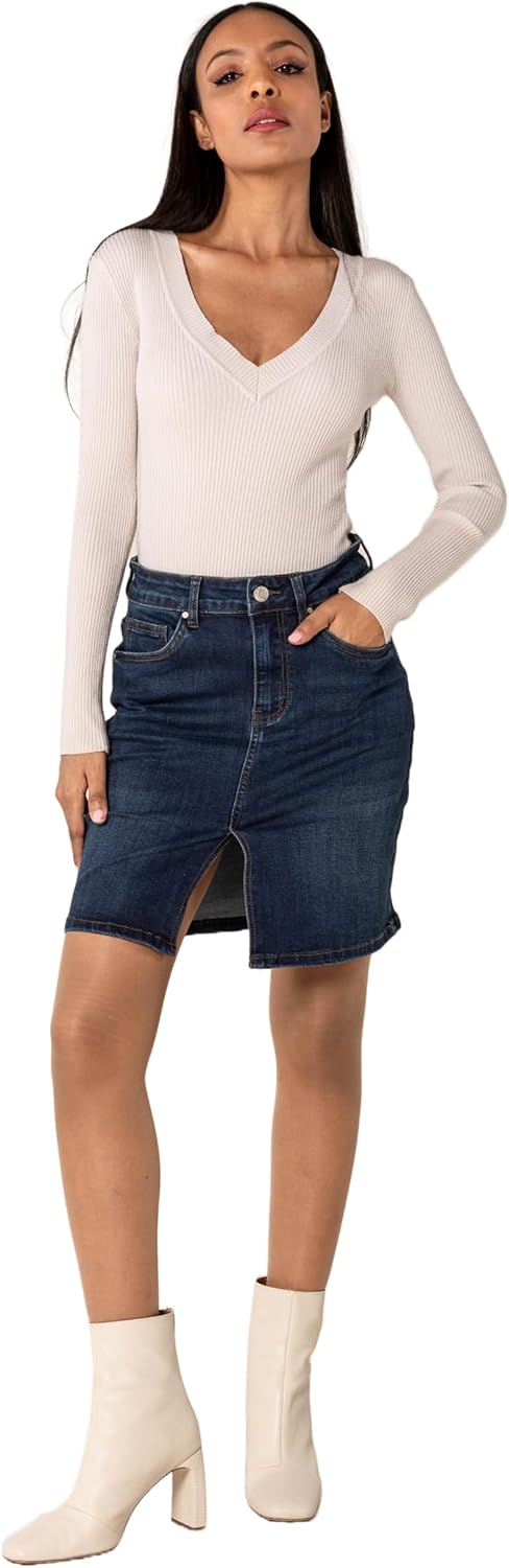Nina Carter P213 Damen Kurzer Jeansrock mit Vorderem Schlitz Reissverschluss Stretch Used-Look Dunke