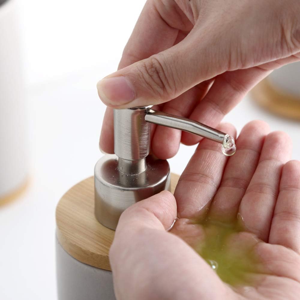 Badezimmer Accessoires Set Keramik, 4-teilig, Zahnbürstenhalter, Seifenspender, Bambus Fach, Zahnput