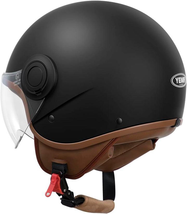 YEMA HELMET Jethelm DW-631 Moped Scooter ECE 3/4 Halbhelm für Herren Damen Schwarz Matt M, Schwarz M