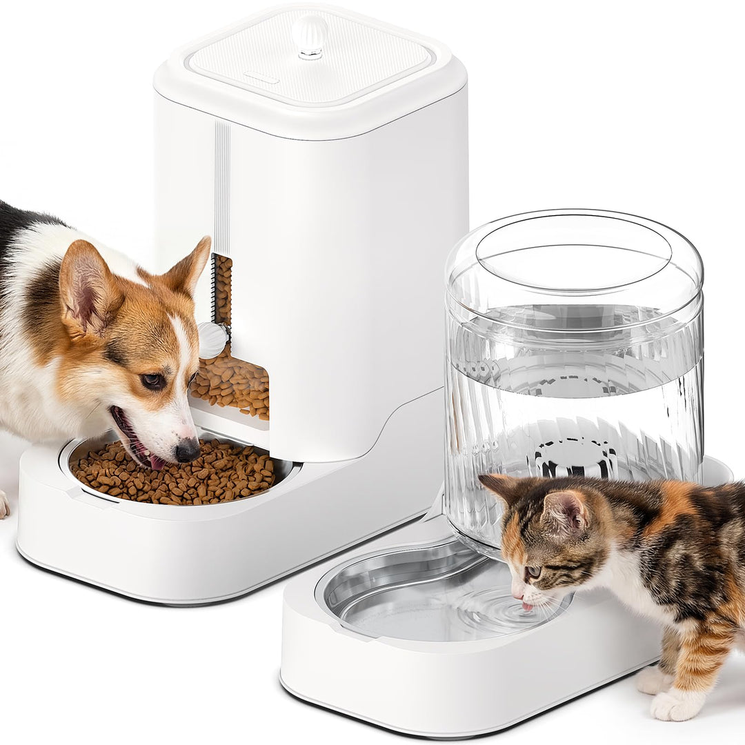 JUNSPOW Automatischer Katzenfutterspender Hund Wassernapfspender Set mit Edelstahlnapf, Einstellbare