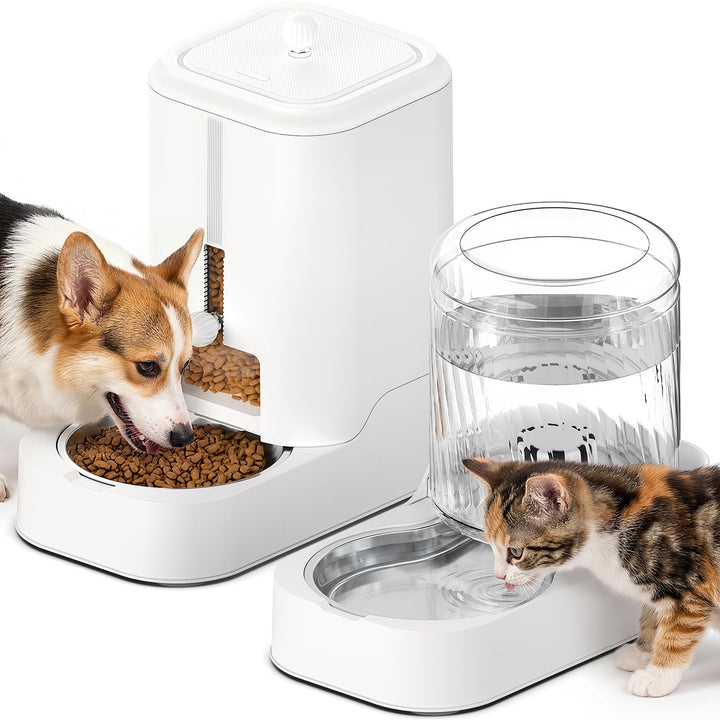 JUNSPOW Automatischer Katzenfutterspender Hund Wassernapfspender Set mit Edelstahlnapf, Einstellbare