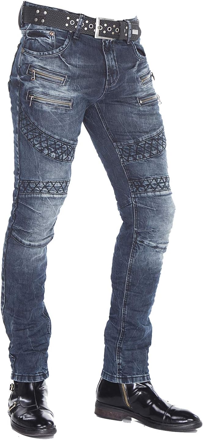 Cipo Baxx Herren Skinny Jeans Hose Biker Hose mit Zipper Slim Fit Denim Darkblue W30 L34