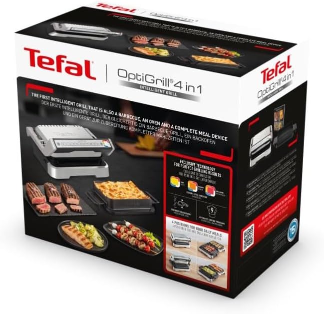Tefal OptiGrill 4in1 Kontaktgrill mit Backschale, Aufklappbar, Tischgrill, 9 Programme, Garstufenanz