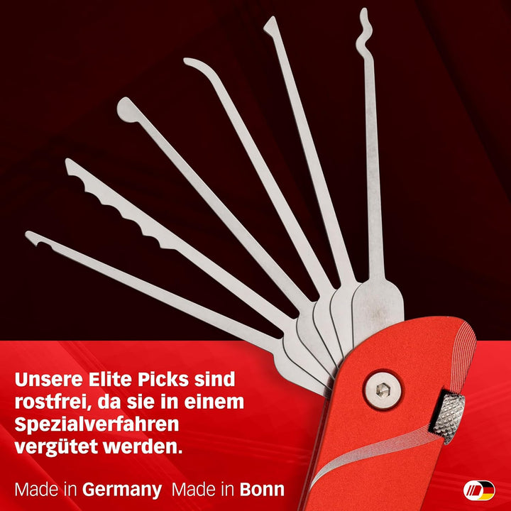 Multipick Dietrich Set ELITE RED Mini Taschen-Messer Lockpicking Set mit 6 wechselbaren Lock-Pick Kl