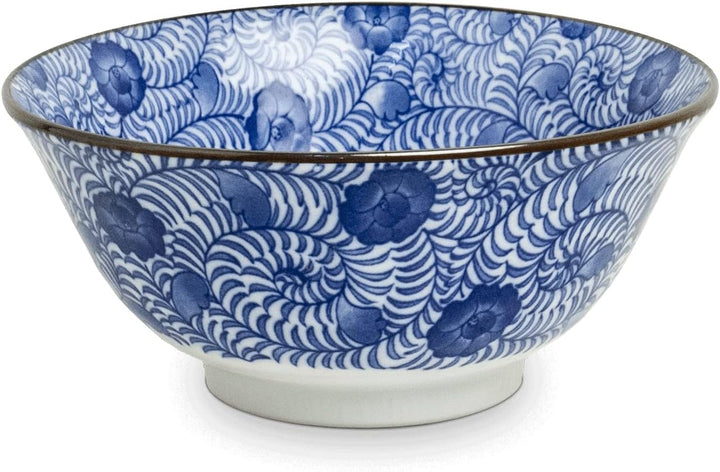 Matcha - Reisschalen 5-er Set Japan Porzellan blau weiss Blumen, Nr. 070