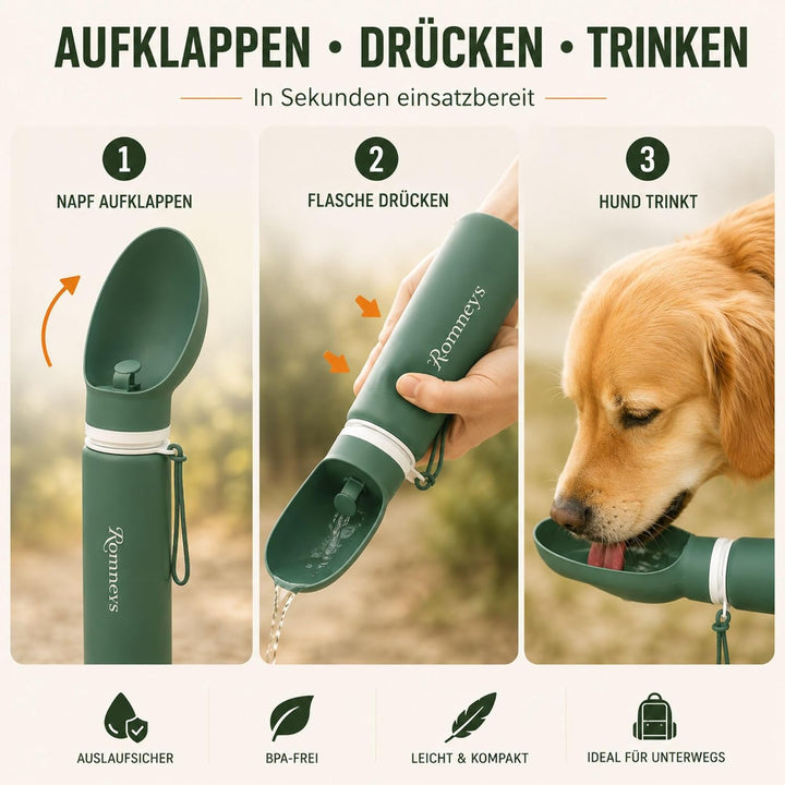 ROMNEYS Hundetrinkflasche mit integriertem Napf – Faltbare Silikon Trinkflasche für Hunde, auslaufsi