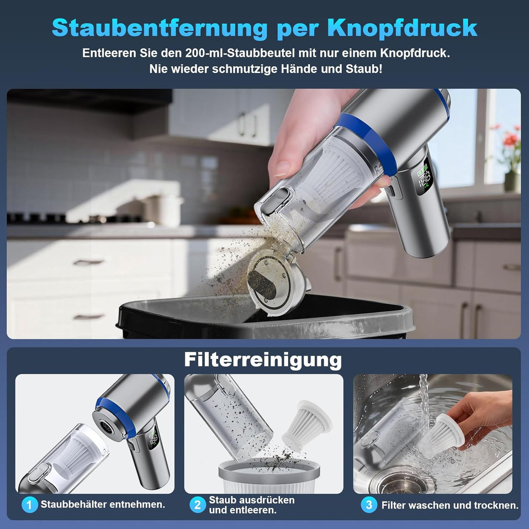 Handstaubsauger Akku, 4-in-1 Handstaubsauger, 32000PA Auto Staubsauger Stark, Handstaubsauger Auto,