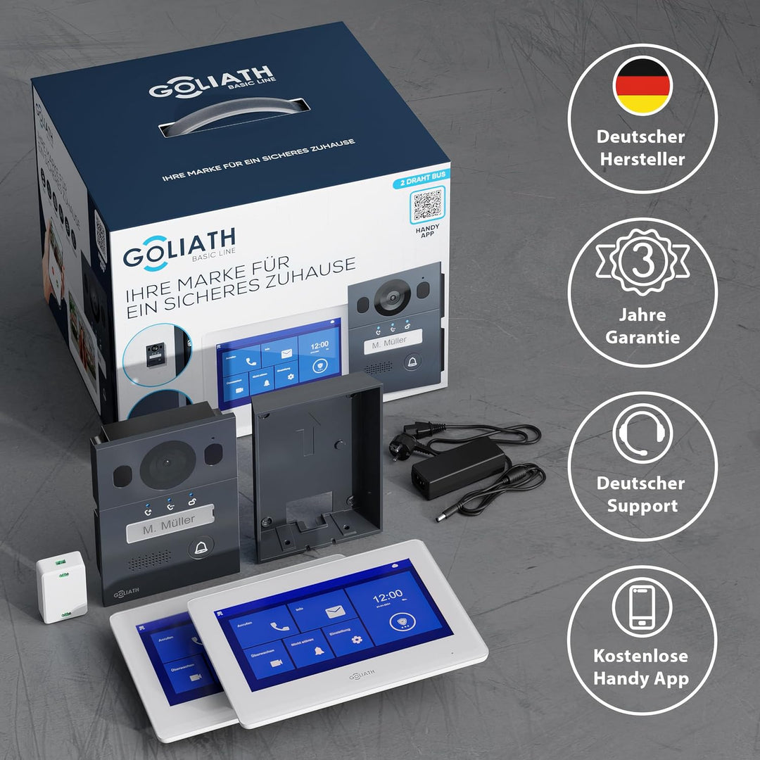 GOLIATH Basic Video Türsprechanlage, 2 Draht Bus, 2X 7 Monitor, Aufputz Türklingel mit Kamera, Gegen