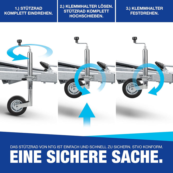 NTG Stützrad für Anhänger und Wohnwagen | Vollgummireifen | 150kg Stützlast | 46 bis 68 cm Höhe | Ve