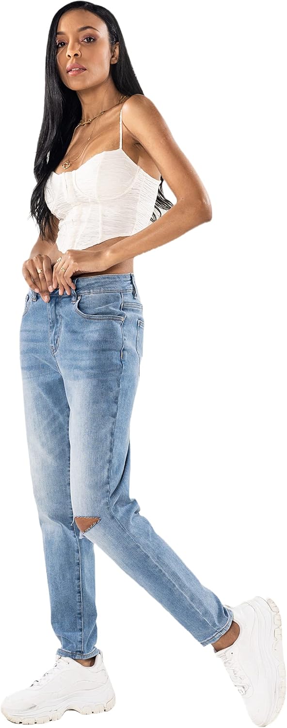 Nina Carter Damen Boyfriend Jeanshosen High Waist MOM Jeans Cutted Knee Used-Look Waschungseffekt XS