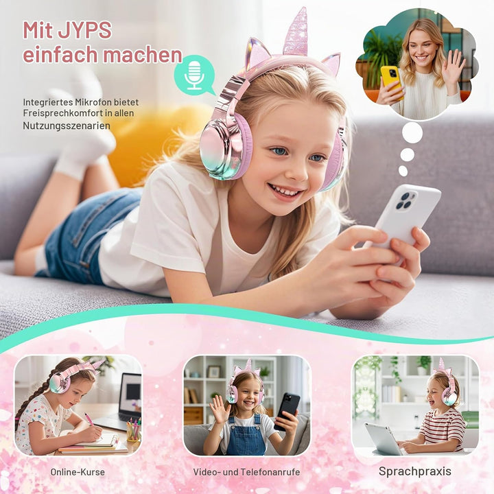 JYPS Bluetooth Kopfhörer Kinder, Metallisch Kabellose Kopfhörer Kinder rosa Einhorn, rosa Einhorn